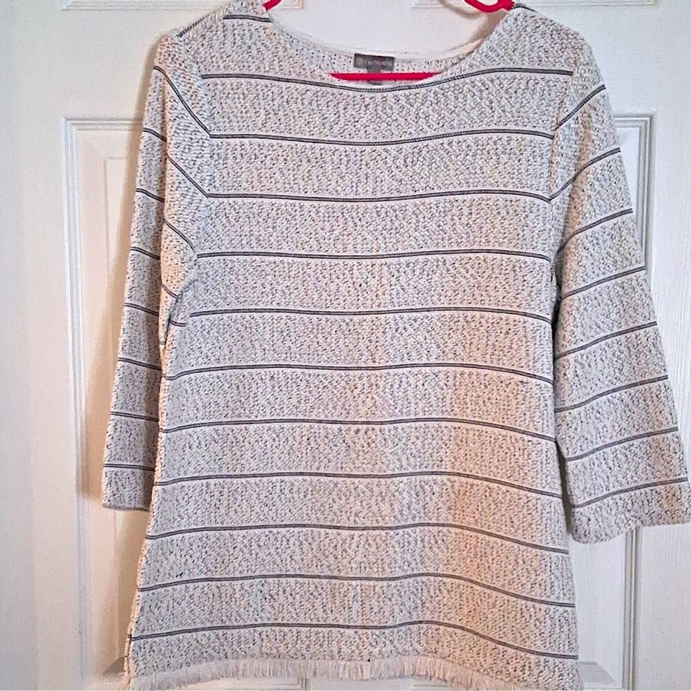 Talbots Striped Fringe Hem Tunic Knit Top Womens Size M Cotton Blend 3/4 Sleeve